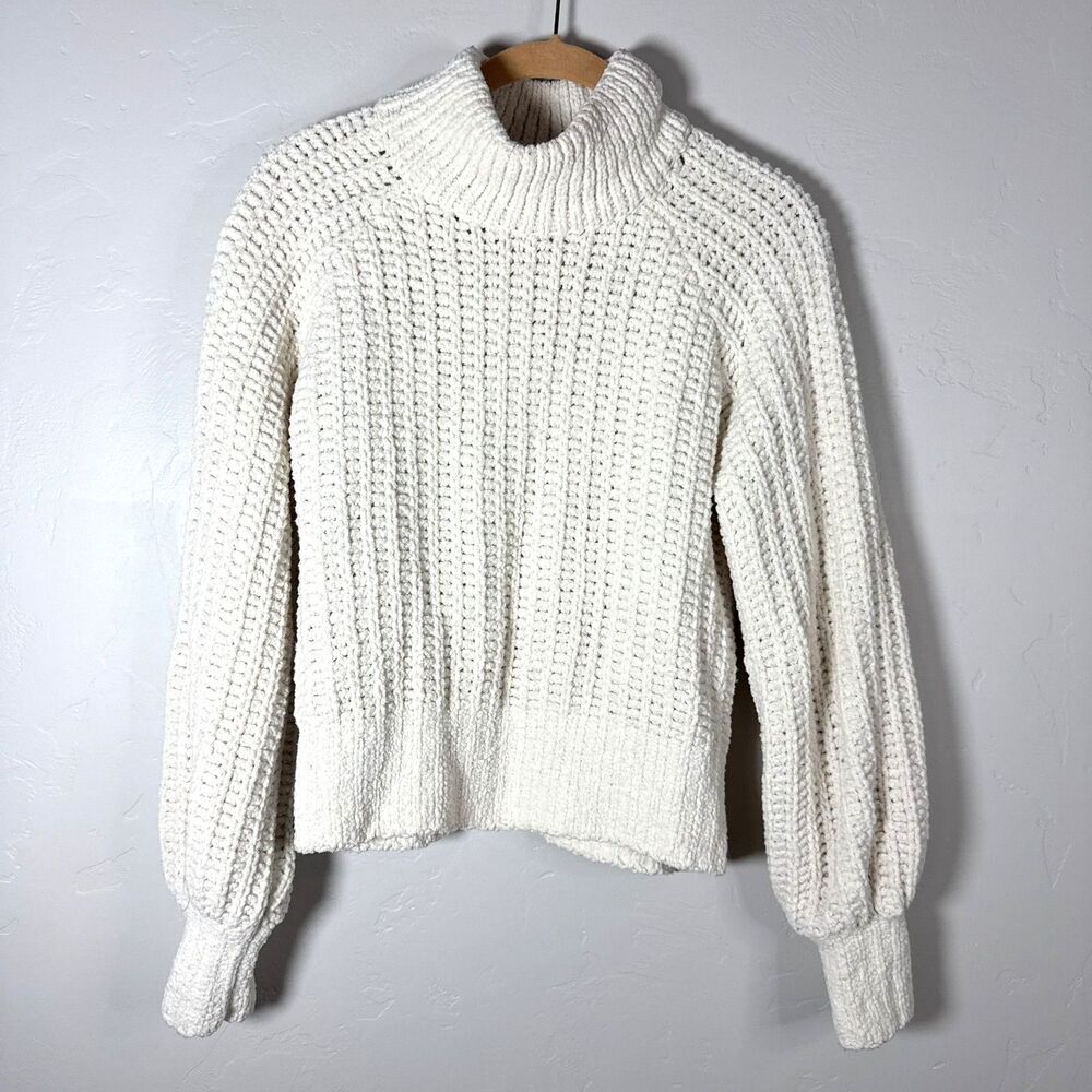 Abercrombie Fitch Chenille Mock Neck Sweater XS Cream White Balloon Sleeve EUC